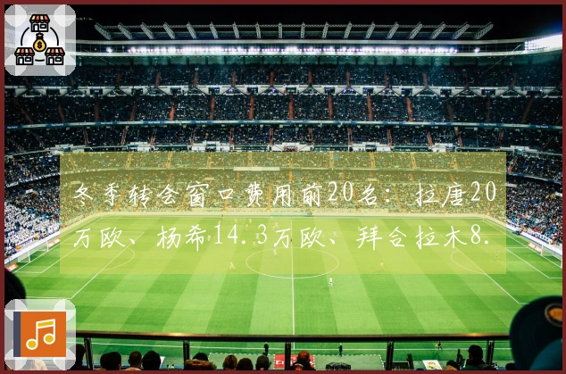 冬季转会窗口费用前20名：拉唐20万欧、杨希14.3万欧、拜合拉木8.05万